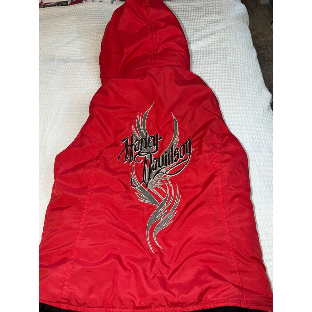 Harley Davidson Puffer Vest Womens Small Red Hooded Embroidered Logo Biker